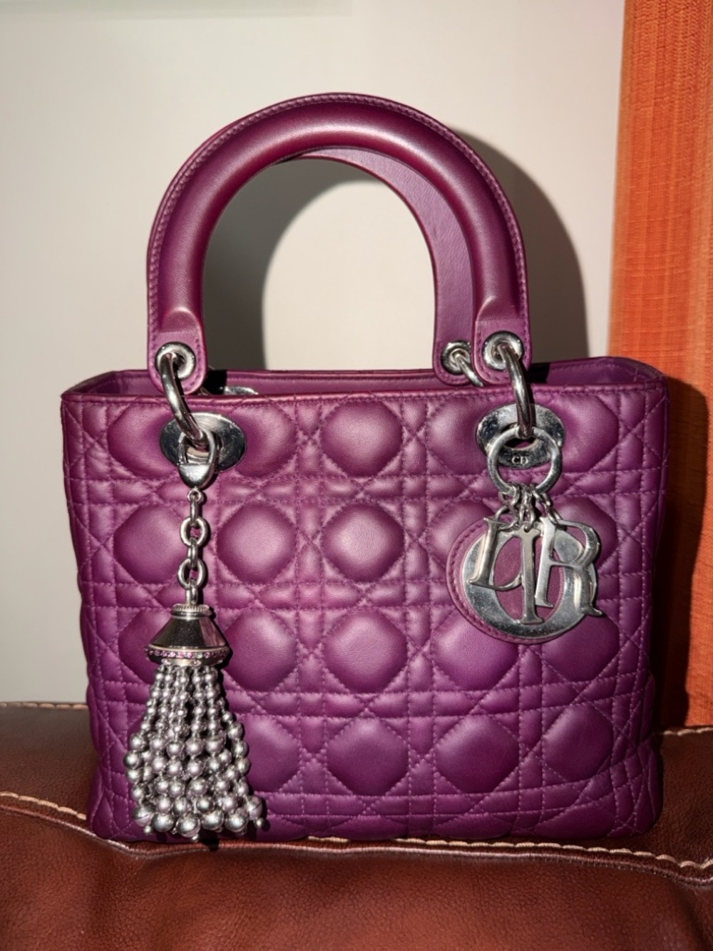 ‼️Authentic Christian Dior Lady Dior Cannage Medium Plum Leather Satchel Bag - Picture 2 of 16